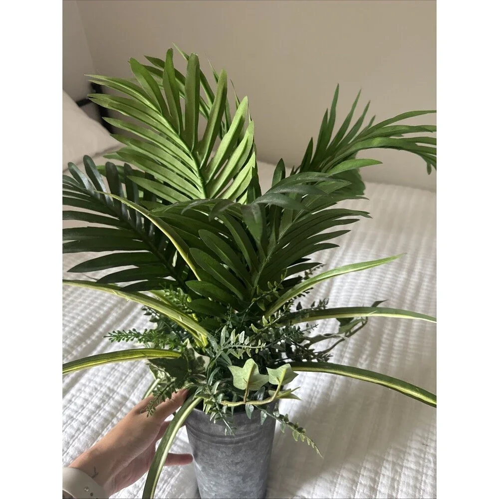 Faux Palm Ivy & Fern Arrangement in Galvanized Tin Bucket – Farmhouse Decor
